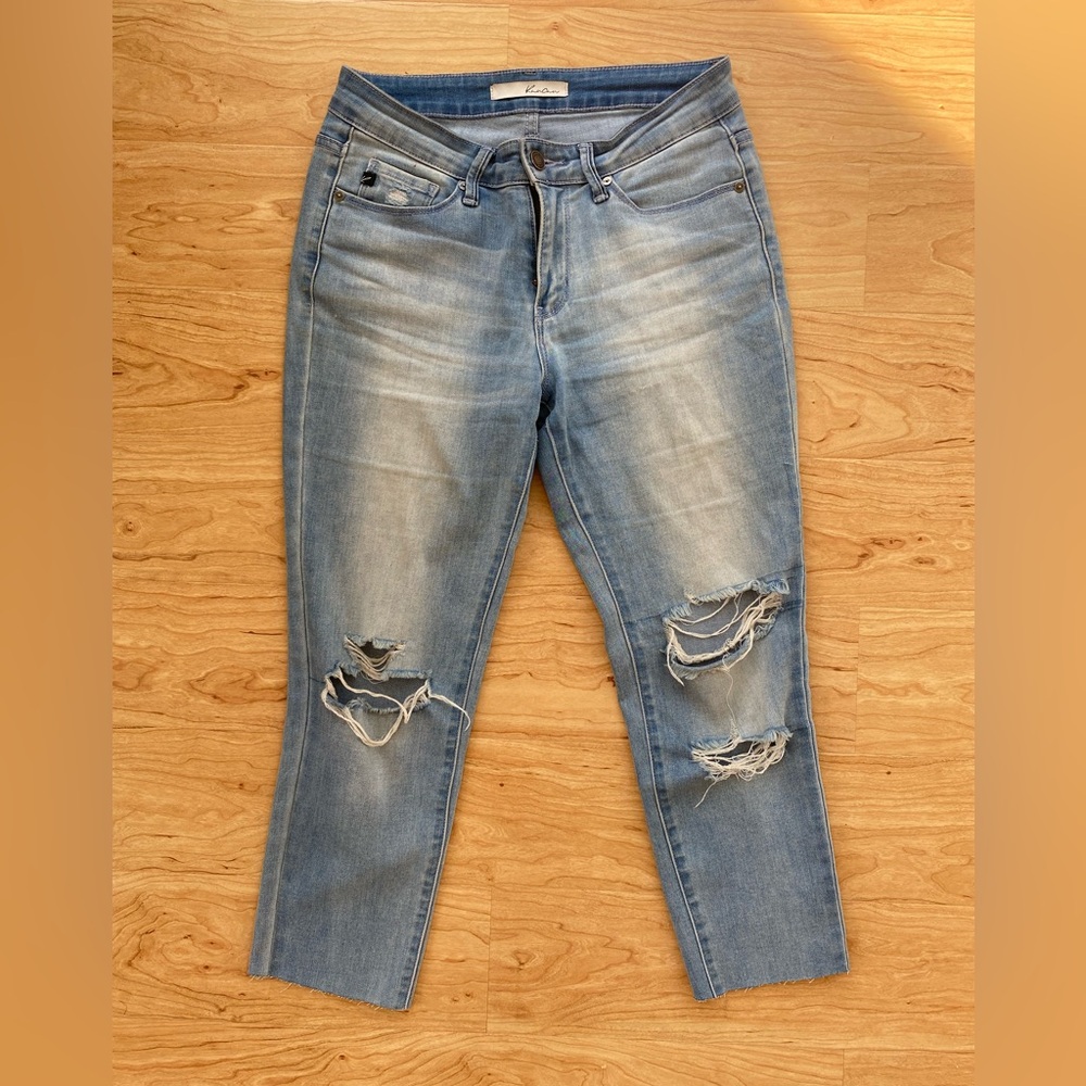 KanCan Women's Distressed Crop Ankle Capri Fringe Denim Jeans Size 27